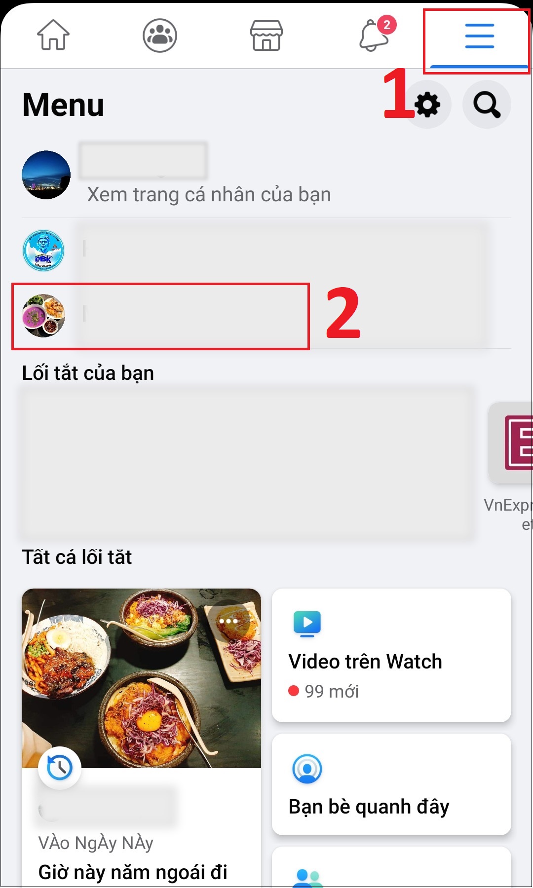 Bước 1: Nhấn vào biểu tượng Menu (3 dấu gạch ngang) ở trên cùng bên phải facebook