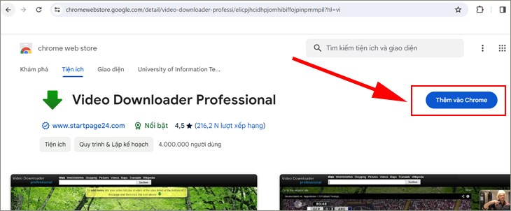 Mở trình duyệt Chrome và thêm tiện ích Video Downloader Professional