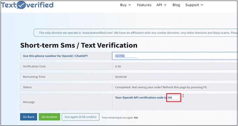 Sao chép mã code từ trang Textverified