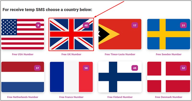 Chọn quốc gia trên trang web Tempsmss