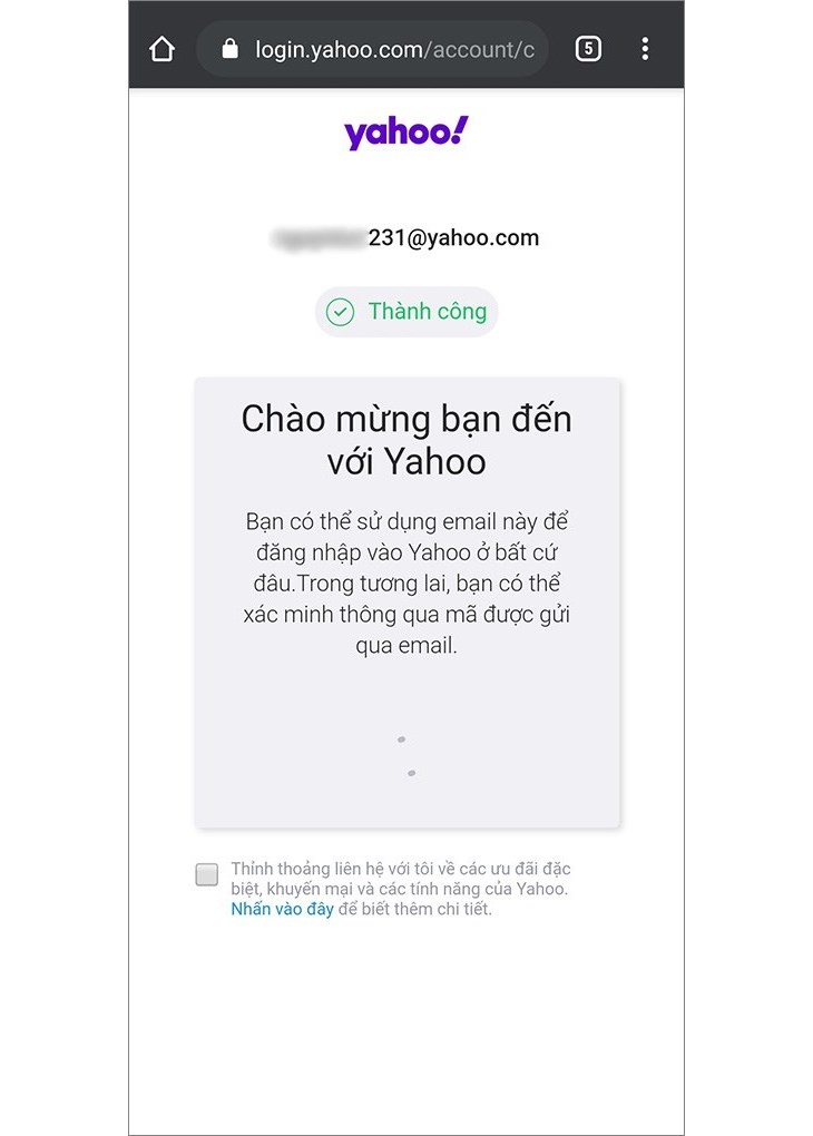 Thông báo hoàn thành đăng ký từ Yahoo