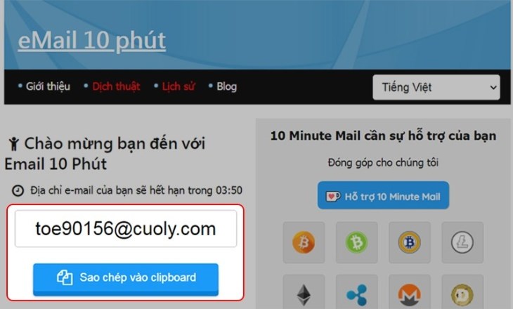 Bạn sao chép Email tạm thời của mình như trên hình