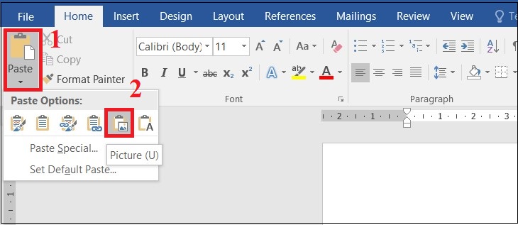 Mở file Word mà bạn muốn dán > Chọn mục Paste > Chọn Picture.