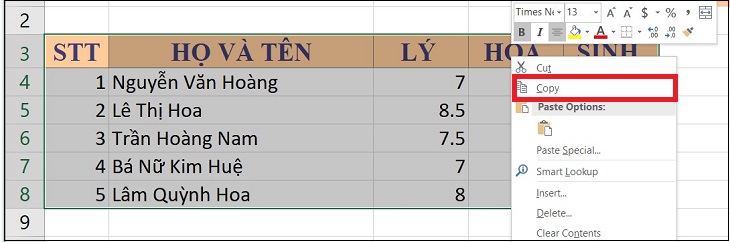 Chọn dữ liệu trên Excel mà bạn muốn copy sang Word > Nhấn chuột phải > Chọn Copy (Hoặc nhấn Ctrl + C).