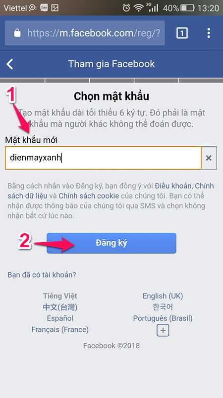 Nhập mật khẩu và bấm Đăng ký