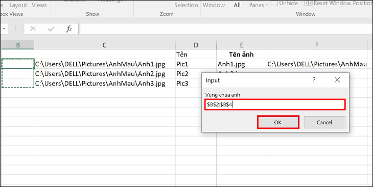 Chọn vùng chứa ảnh > Nhấn OK để chèn ảnh