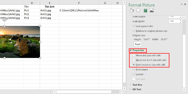 3 lựa chọn cố định hình ảnh chèn trong Excel