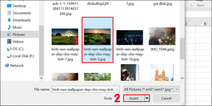 Chọn hình mà bạn muốn chèn sau đó nhấn Insert để chèn hình