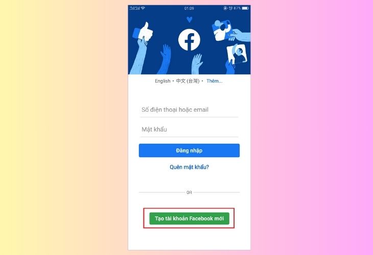 Mở ứng dụng Facebook trên điện thoại và bấm Tạo tài khoản mới