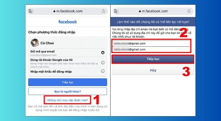 Bạn tiến hành nhập email mới để Facebook gửi thông tin khôi phục tài khoản