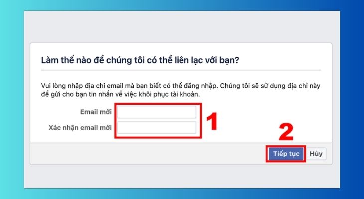 Bạn tiến hành nhập email mới để Facebook