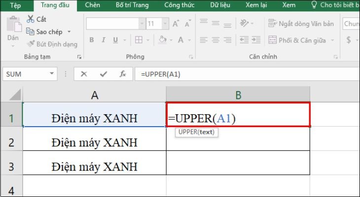 Bạn dùng hàm =UPPER() để chuyển chữ thành in hoa