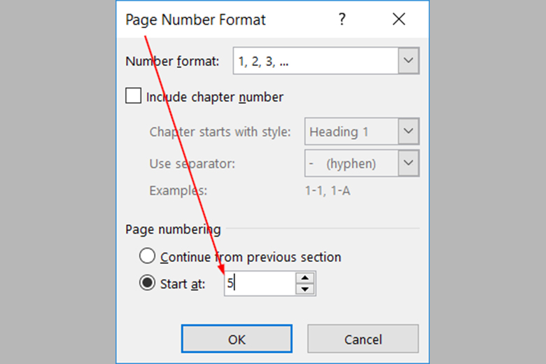 Tại mục Page Numbering trong hộp thoại, bạn nhập số đầu tiên muốn bắt đầu vào ô Start at, các bạn hãy chọn con số đầu tiên mà mình muốn bắt đầu đánh số trang > Chọn Ok.