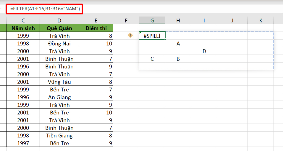 Lỗi #SPILL! khi sử dụng hàm FILTER