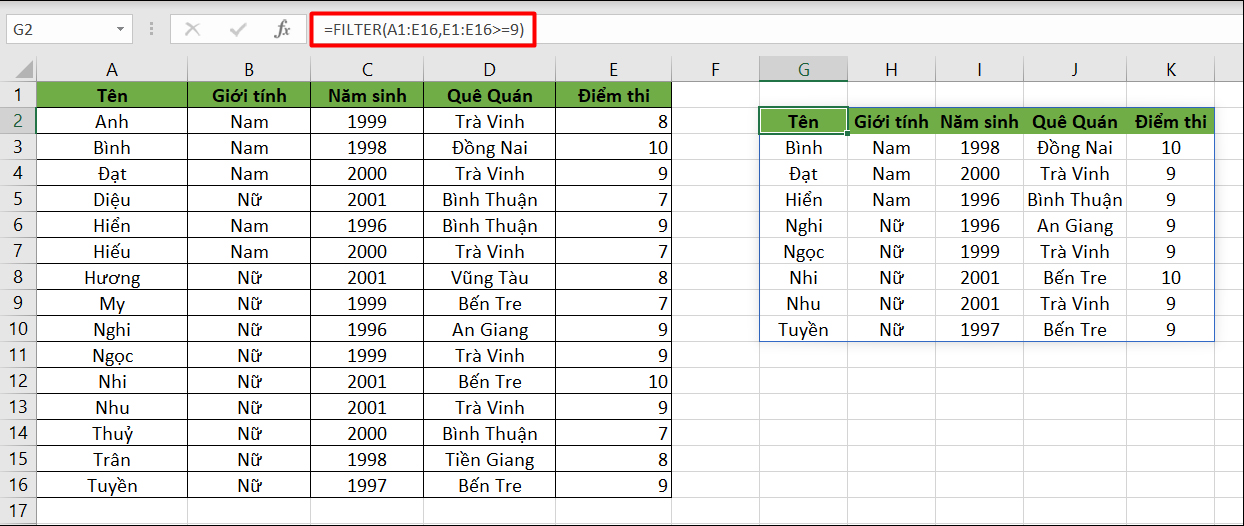 Ví dụ minh hoạ lọc ra sinh viên có điểm thi lớn hơn hoặc bằng 9