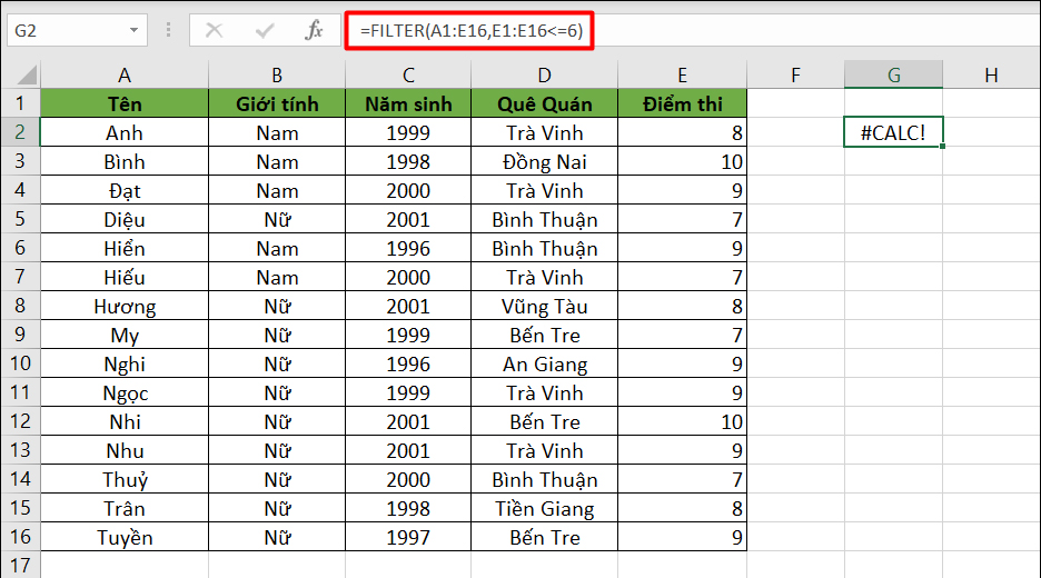 Lỗi #CALC! khi sử dụng hàm FILTER