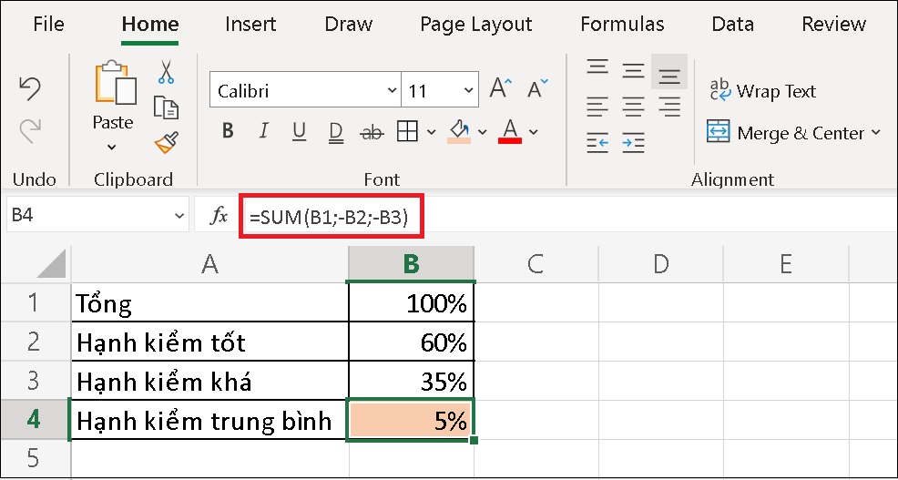 Nhập công thức =SUM(B1;-B2;-B3) và nhấn Enter, bạn sẽ nhận được kết quả.