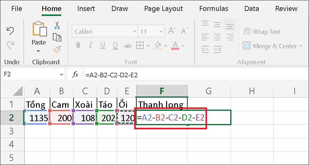 Nhập công thức =A2-B2-C2-D2-E2 và nhấn Enter vào ô tham chiếu muốn hiển thị kết quả (F2).