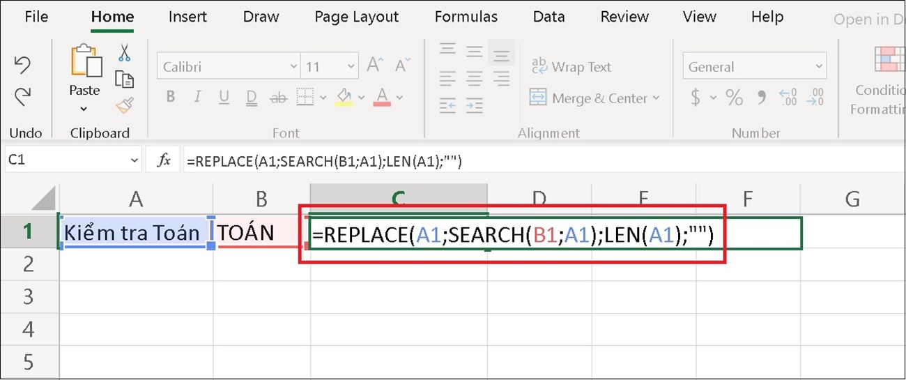 Tại ô C1, bạn nhập hàm =REPLACE(A1;SEARCH(A1,B1),LEN(B1),