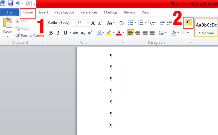 Tại thanh công cụ Home, bán nhấn vào biểu tượng Paragraph